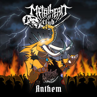 A metal style, human-looking Mastodon showing the metal horns. Background: Fire and a group