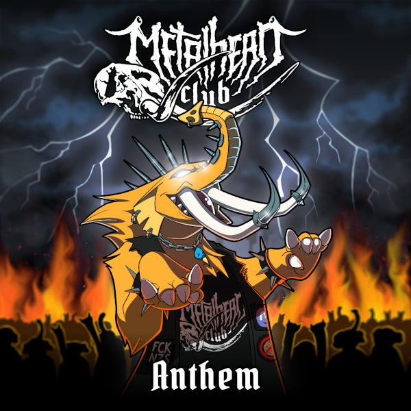A metal style, human-looking Mastodon showing the metal horns. Background: Fire and a group